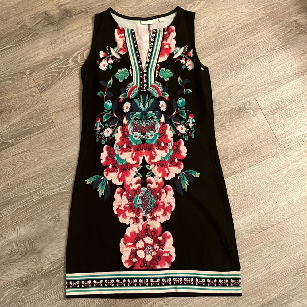 New York & Company Shift Dress Size S Black Pink Gree Floral Print